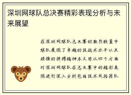 深圳网球队总决赛精彩表现分析与未来展望