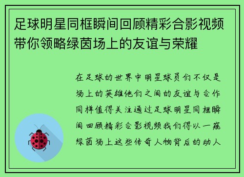 足球明星同框瞬间回顾精彩合影视频带你领略绿茵场上的友谊与荣耀